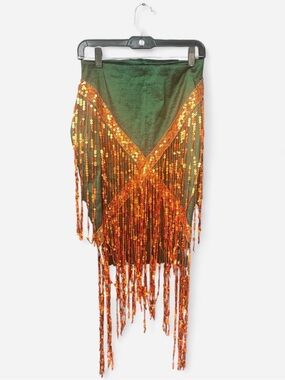 Green shiny Skirt with Orange Sequin Fringe